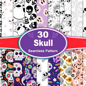 Puede incluir: Una colección de 30 patrones de papel digital con varios diseños de calaveras. Los patrones incluyen calaveras de azúcar coloridas, calaveras en blanco y negro y calaveras con acentos florales. El texto "30 Skull Seamless Pattern" se muestra en un círculo morado.