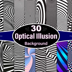 Könnte beinhalten: Ein Set mit 30 digitalen Papieren mit optischen Täuschungsmustern in Schwarzweiß und farbenfrohen Designs. Die Papiere eignen sich perfekt zum Erstellen von Hintergründen, zum Scrapbooking und für andere Bastelprojekte.  "30 Optical Illusion Background" ist in weißer Schrift auf einem schwarzen Oval geschrieben.