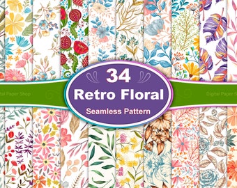 Retro Floral Seamless Pattern: 34 Flower Digital Papers (JPG)