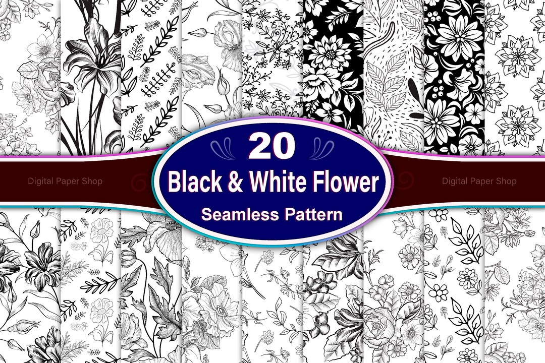 Black & White Floral Seamless Pattern: Botanical Line Art (digital ...