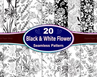 Black & White Floral Seamless Pattern: Botanical Line Art (Digital Download)