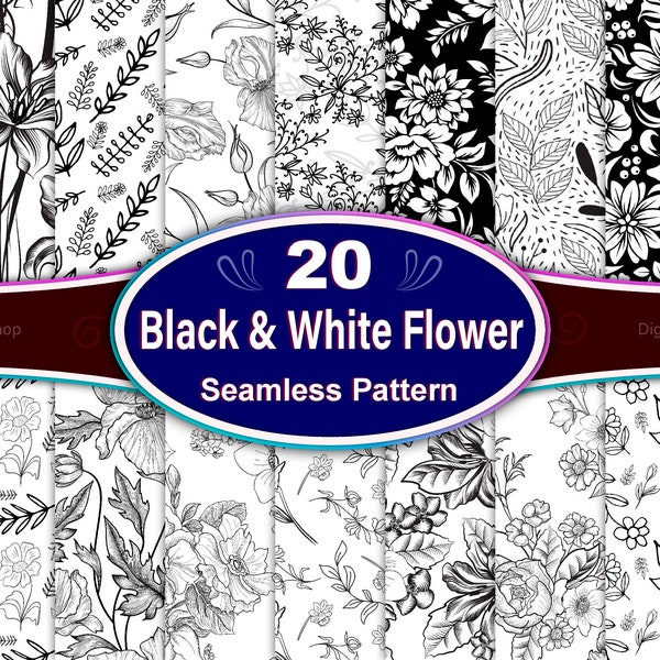 Black and White Floral Seamless Pattern, Black and White Flower Seamless Pattern, Line art floral Pattern, Black and white botanical pattern