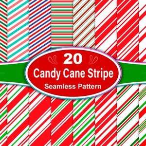 Könnte beinhalten: 20 digitale Papierdesigns mit roten und weißen Zuckerstangenstreifen mit Variationen von grünen, blauen und rosa Streifen. Die Designs sind nahtlos und können für Basteln, Scrapbooking und andere kreative Projekte verwendet werden.