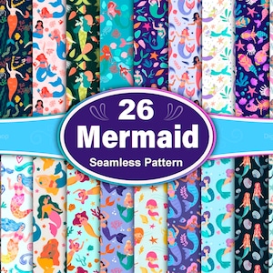 Mermaid Seamless Pattern Bundle: 26 Underwater Digital Papers (EPS, JPG)