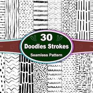May include: A set of 30 black and white doodle stroke seamless patterns. The patterns are arranged in a grid and feature various lines, dots, and shapes.