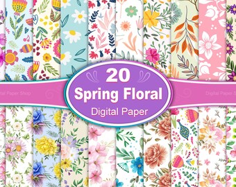 Spring Floral Digital Paper: Whimsical Blooms Pattern (20 JPG Files)