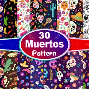 Patrón sin costuras del Día de Muertos, patrón sin costuras del Día de Muertos, patrón de calavera de azúcar, papeles digitales del Día de Muertos, patrón mexicano