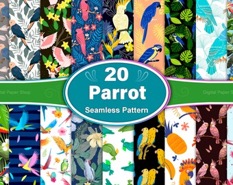 Parrot Seamless Pattern Bundle: Tropical Bird Digital Paper (20 JPG Files)