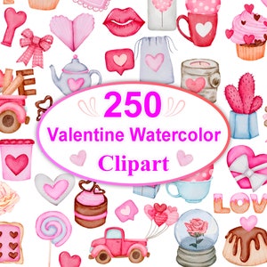 Valentine Watercolor Clipart: 250 Romantic Graphics (PNG Files)