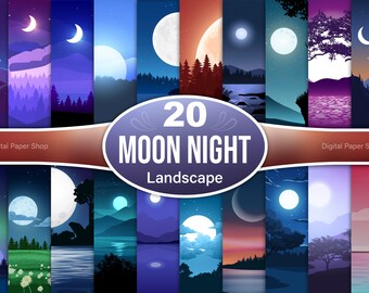 May include: A set of 20 digital paper designs featuring moonlit landscapes. Each design includes a crescent moon, full moon, or half moon in a variety of colors and styles. The designs are perfect for creating digital scrapbooking projects, invitations, cards, and more.