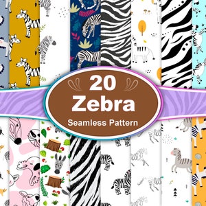 May include: A set of 20 digital seamless patterns featuring cute zebra illustrations in various styles and colours. The patterns include stripes, polka dots, flowers, and other fun designs. "20 Zebra Seamless Pattern" is written in brown text on a brown oval.