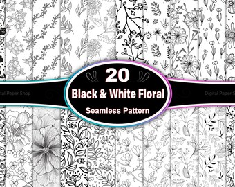 Floral Seamless Pattern: Minimalist Line Art, Black & White (Digital Download)