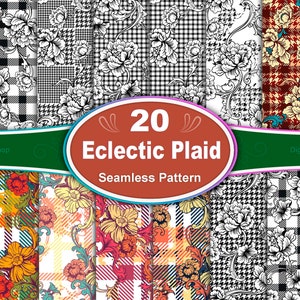 Floral Plaid Seamless Pattern: Eclectic Fabric Digital Paper (JPG)