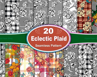 May include: A collage of 20 different plaid patterns with floral designs. The patterns are in various colors, including black, white, red, green, and yellow. The text "20 Eclectic Plaid Seamless Pattern" is displayed in the center of the image.