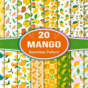 May include: A set of 20 digital paper designs featuring various patterns of mangoes, leaves, and other tropical elements. The designs are perfect for crafting, scrapbooking, and other creative projects.