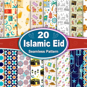 Może przedstawiać: Zestaw 20 cyfrowych wzorów papieru z islamskimi wzorami Eid. Wzory obejmują kształty geometryczne, gwiazdy, półksiężyce, latarnie i kaligrafię arabską. Tekst "20 Islamic Eid Seamless Pattern" jest wyświetlany w niebieskim kółku.