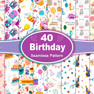 May include: A set of 40 digital paper patterns featuring birthday themes. The patterns include various birthday elements such as balloons, cake, presents, confetti, and party hats. The patterns are in a variety of colours, including pink, blue, green, yellow, and purple.