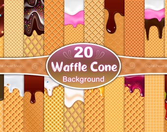 Ice Cream Waffle Cone Background, Waffle Cone Digital Paper, dripping chocolate and ice cream background, Ice Cream Wafer Patterns