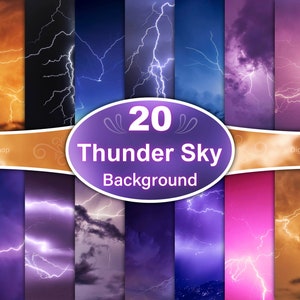 May include: A digital paper pack with 20 different images of stormy skies with lightning bolts. The images are in various shades of purple, blue, pink, and orange.
