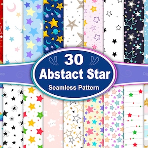 Puede incluir: Un conjunto de 30 diseños de papel digital con patrones de estrellas abstractas en varios colores y estilos. El texto "30 Abstract Star Seamless Pattern" se muestra en un círculo azul.