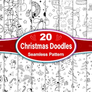 Könnte beinhalten: Zwanzig nahtlose Weihnachts-Doodle-Muster in Schwarzweiß. Die Muster zeigen verschiedene Weihnachtssymbole wie Schneemänner, Zuckerstangen, Weihnachtsbäume und Ornamente.