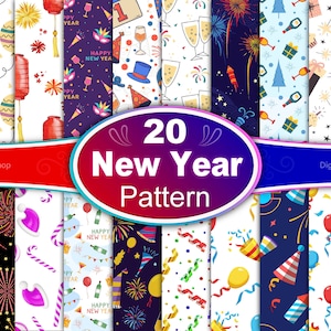 New Year Seamless Pattern, Happy New Year Pattern, New Year Celebration Digital Papers, Happy New Year Party Patterns, New Years Backgrounds