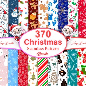 Può includere: Una collezione di 370 motivi natalizi senza cuciture in un mega pacchetto. I motivi presentano vari elementi festivi come fiocchi di neve, bastoncini di zucchero, ornamenti e Babbo Natale.