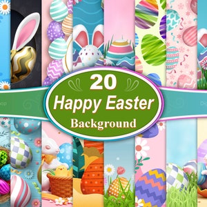 May include: 20 digital paper backgrounds featuring Easter themes. The backgrounds include colorful eggs, bunnies, flowers, and other Easter-related designs.
