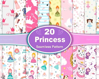 Puede incluir: Un conjunto de 20 patrones digitales sin costuras con diseños de temática de princesas. Los patrones incluyen coronas, castillos, unicornios, arcoíris y otros elementos caprichosos. Los patrones son en rosa, azul y blanco.