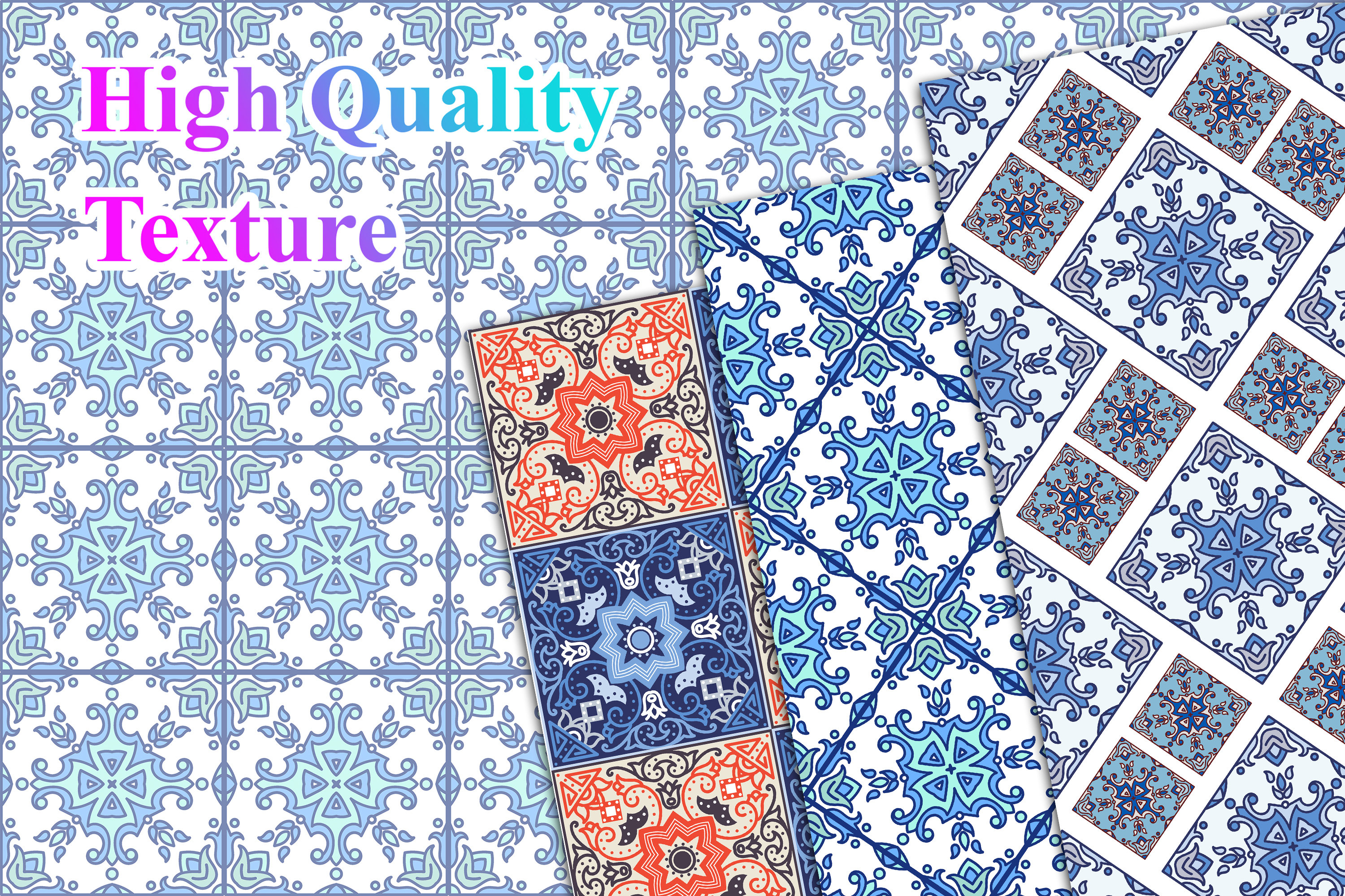 Blue White Ottoman Floral Tile Fabric by the Yards, Digital