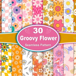 Puede incluir: Un conjunto de 30 patrones de papel digital con diseños de flores groovy en varios colores, incluyendo rosa, amarillo, naranja y azul. Los patrones son sin costuras y perfectos para proyectos de manualidades, scrapbooking y diseño digital.