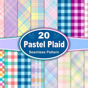 May include: Twenty pastel plaid seamless patterns in various colors, including pink, blue, yellow, and green. The patterns are arranged in a grid with a blue circle in the center that says "20 Pastel Plaid Seamless Pattern".