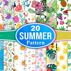 Puede incluir: Un conjunto de 20 patrones digitales de verano con varios diseños, incluyendo hojas tropicales, rodajas de sandía, caras de sol y flores. Los patrones son perfectos para proyectos de manualidades, scrapbooking y diseño digital.