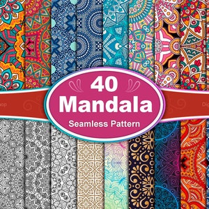 Puede incluir: Un conjunto de 40 patrones sin costuras de mandalas coloridos. Los patrones son de varios colores, incluidos el rojo, el azul, el verde, el amarillo y el naranja. Los patrones están dispuestos en una cuadrícula, con cada patrón siendo un diseño diferente. El texto "40 Mandala Seamless Pattern" se muestra en un óvalo rosa.