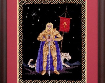 Friendly Paladin średniowieczna fantasy złota zbroja liczona krzyżykowo tabela haftu - Bard Design Cross-Stitch - pobieranie cyfrowe
