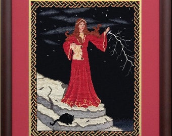 Lightning Sorceress średniowieczna fantastyka liczona krzyżykiem tabela - Bard Design Cross-Stitch - pobieranie cyfrowe