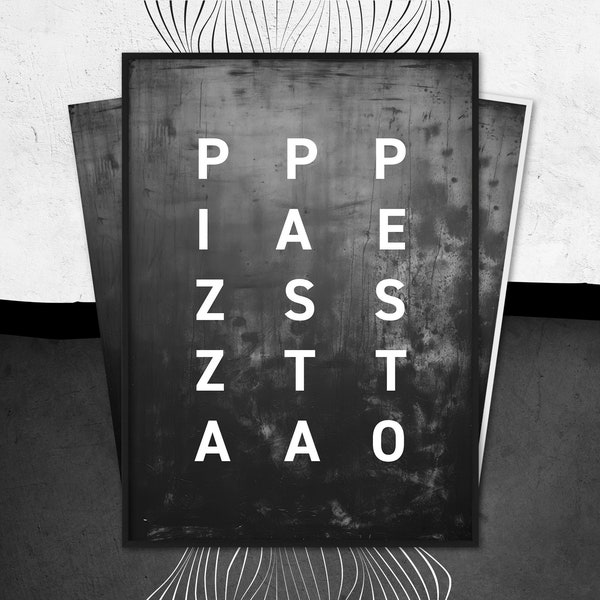 Pizza Pasta Pesto | 3-Type Poster - Humorvolles Poster, DIN A4/A3/A2/A1, Holzrahmen + Acrylglasscheibe, Metal Poster, Ready to hang