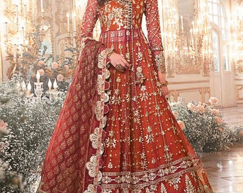 Red Pakistani lehenga Designer Maxi Design Handmade Unstitched 3 Pieces with Heavy Embroidery on Net Made on Order As Gifts 2024 USA UK