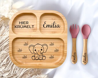 Bambusteller Saugnapf, Kindergeschirr personalisiert, Geschenke zur Geburt, Taufgeschenk Junge, Baby Teller, Babyteller personalisiert