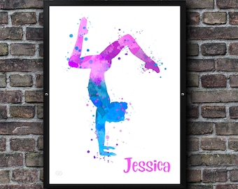 Gymnast Watercolour Splatter Print Girls Customizable Poster Personalized Kids Bedroom Gift | Present Custom