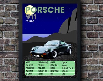 Porsche 911 Turbo Print Car Poster Classic Automobiles Minimalist Wall Art