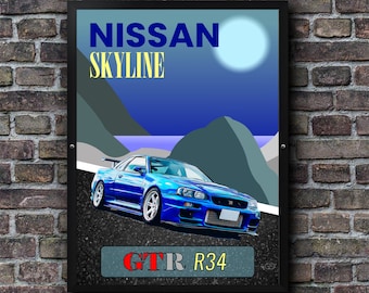 Nissan Skyline GTR R34 Poster Print Classic Car Automobile Wall Art