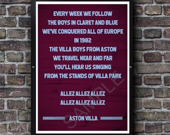 Aston Villa Song Lyrics Poster: Football Terrace Chant Print