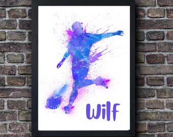 Footballer Watercolour Splatter Print Boys Footie Customizable Poster Personalized Kids Bedroom Gift | Present Custom