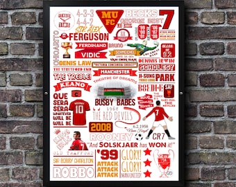 Manchester United FC Legends Football Poster Doodle Text Print Wall Art
