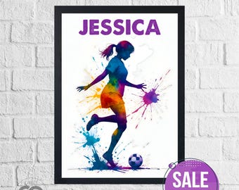 Girls Football Watercolour Splatter Print Customizable Poster Personalized Kids Bedroom Gift | Custom Present