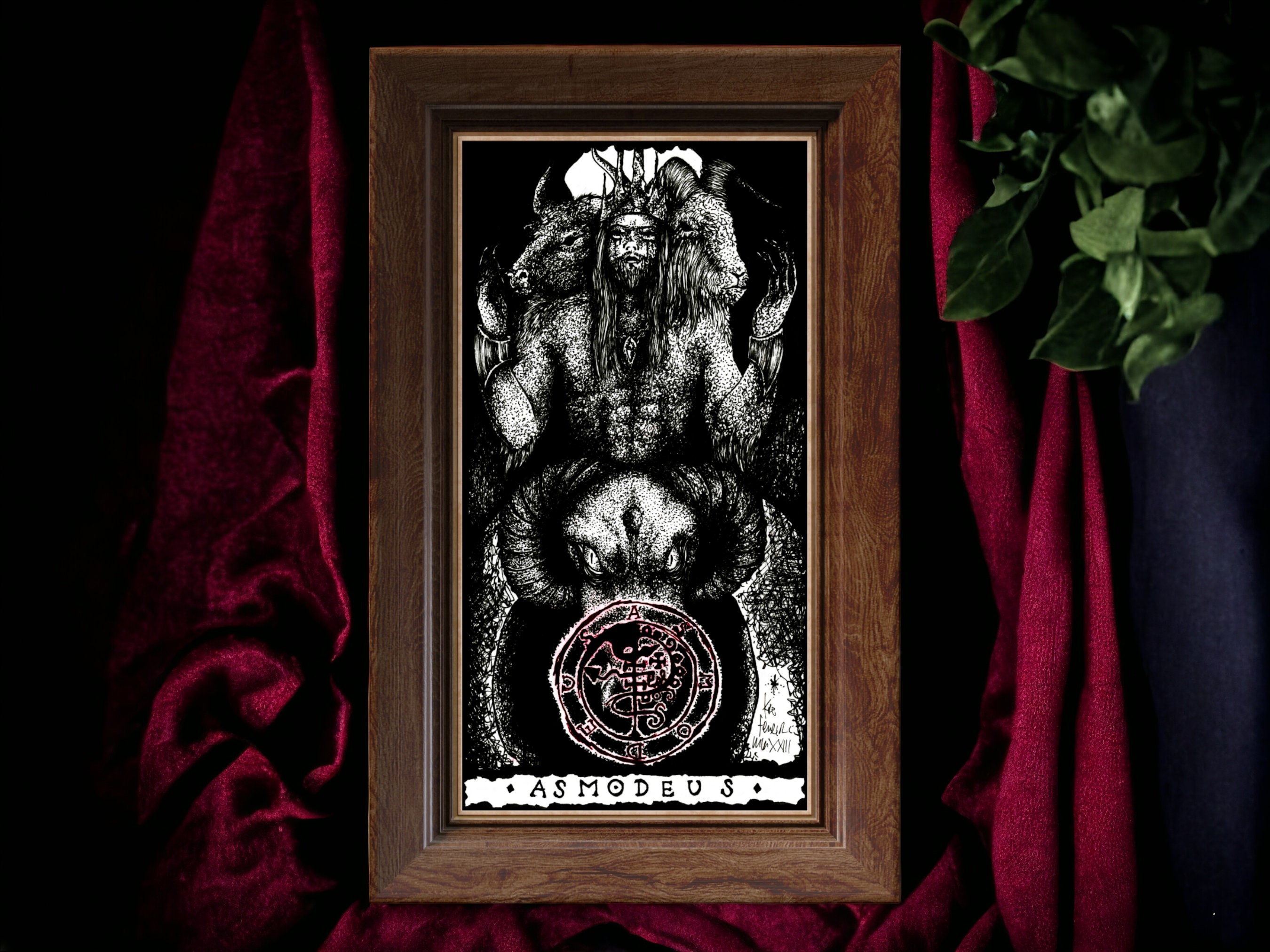 Asmodeus Ink Drawing, Ars Goetia Art Print, Dark Goth Home Decor