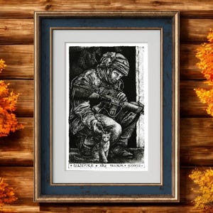 May include: Black and white illustration of a soldier in military gear holding a rifle and looking down at a small kitten. The image is framed and has the text "DEADFIRE - MIKE TRUSKIER - 2000113" at the bottom.