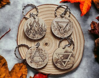 Pyrographed Wood Keychain, Four Elements Art Pendant
