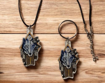 Porte-clés et collier avec breloque loup, cadeau parfait pour les amoureux des loups, breloques en résine acrylique, breloque tête de mort loup, collier tête de mort loup, pendentif loup
